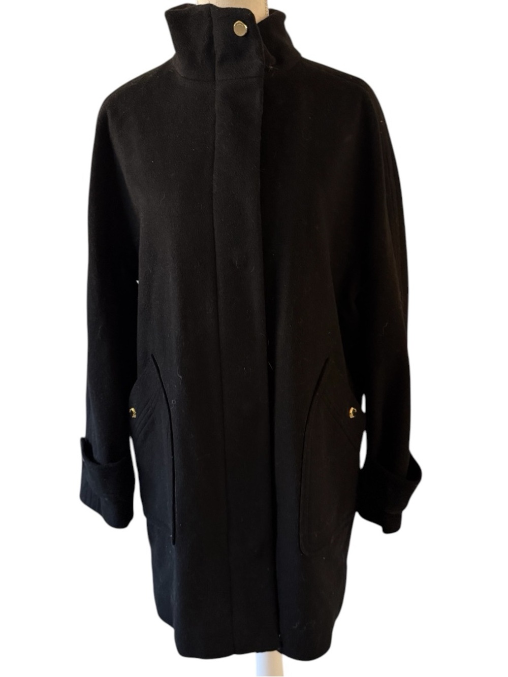 Anne Klein Black Wool Blend Coat Large Minimalist Tailored Snap Front Classic